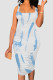 White Blue Sexy Print Patchwork Square Neck Wrapped Skirt Dresses