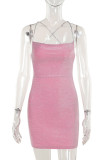 Pink Sexy Solid Color Patchwork Backless Cross Straps Spaghetti Strap Sling Dresses