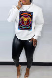 White Casual Daily Graffiti Print O Neck Tops