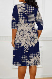 Tibetan Blue Casual Daily Floral Print Tie Dye Stripe Lace Up Contrast V Neck Printed Plus Size Dresses