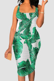 Gray Blue Sexy Print Patchwork Square Neck Wrapped Skirt Dresses