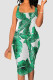 Green Sexy Print Patchwork Square Neck Wrapped Skirt Dresses