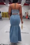 Blue Sexy Casual Solid Color Backless Halter Sleeveless Two Pieces