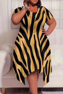 Black Gold Casual Print Patchwork O Neck Irregular Plus Size Dresses