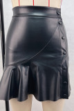 Black Street Solid Color Buckle Patchwork Boot Cut High Waist Patchwork Bottoms