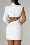 White Casual Solid Color Hollow Out Pearls Decor Half A Turtleneck Wrapped Skirt Dresses