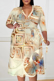 Tibetan Blue Casual Daily Floral Print Tie Dye Stripe Lace Up Contrast V Neck Printed Plus Size Dresses