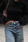 Red Casual Solid Color Fringed Trim Patchwork O Neck Tops
