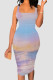 Blue Sexy Print Patchwork Square Neck Wrapped Skirt Dresses