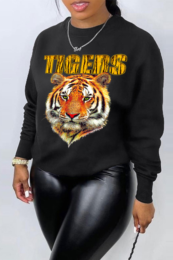 Black Casual Street Animal Print Letters O Neck Tops