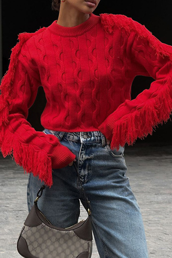 Red Casual Solid Color Fringed Trim Patchwork O Neck Tops
