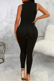 Black Casual Solid Color Patchwork O Neck Skinny Jumpsuits