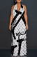 White Casual Daily Letter Print Gradient Lace Up Backless Contrast Halter Loose Jumpsuits