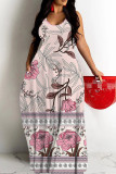Red Sexy Casual Print Backless Spaghetti Strap Long Dresses