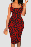 Gray Blue Sexy Print Patchwork Square Neck Wrapped Skirt Dresses
