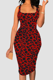 Red Black Sexy Print Patchwork Square Neck Wrapped Skirt Dresses