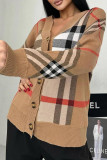 Light Brown Street Plaid Buckle Patchwork V Neck Tops