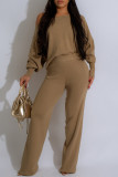 Khaki Casual Solid Color Patchwork Oblique Collar Long Sleeve Two Pieces