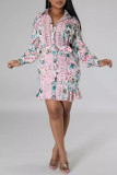 Pink Elegant Print Lace Buckle Patchwork With Belt Turndown Collar Wrapped Skirt Dresses