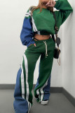 Apricot Casual Stripe Draw String Patchwork Contrast Loose Mid Waist Wide Leg Patchwork Bottoms