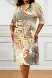 Tibetan Blue Casual Daily Floral Print Tie Dye Stripe Lace Up Contrast V Neck Printed Plus Size Dresses