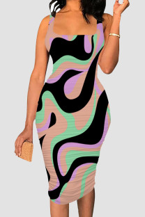 Black Green Sexy Print Patchwork Square Neck Wrapped Skirt Dresses