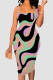 Black Green Sexy Print Patchwork Square Neck Wrapped Skirt Dresses