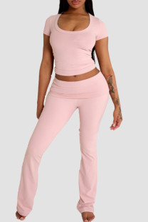 Pink Casual Solid Color Patchwork U Neck Short Sleeve Two Pieces