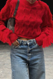 Red Casual Solid Color Fringed Trim Patchwork O Neck Tops