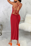 Red Elegant Solid Color Patchwork Backless Cross Straps Spaghetti Strap Sling Dresses