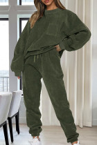 Ink Green Casual Solid Color Draw String Pocket Patchwork O Neck Long Sleeve Two Pieces