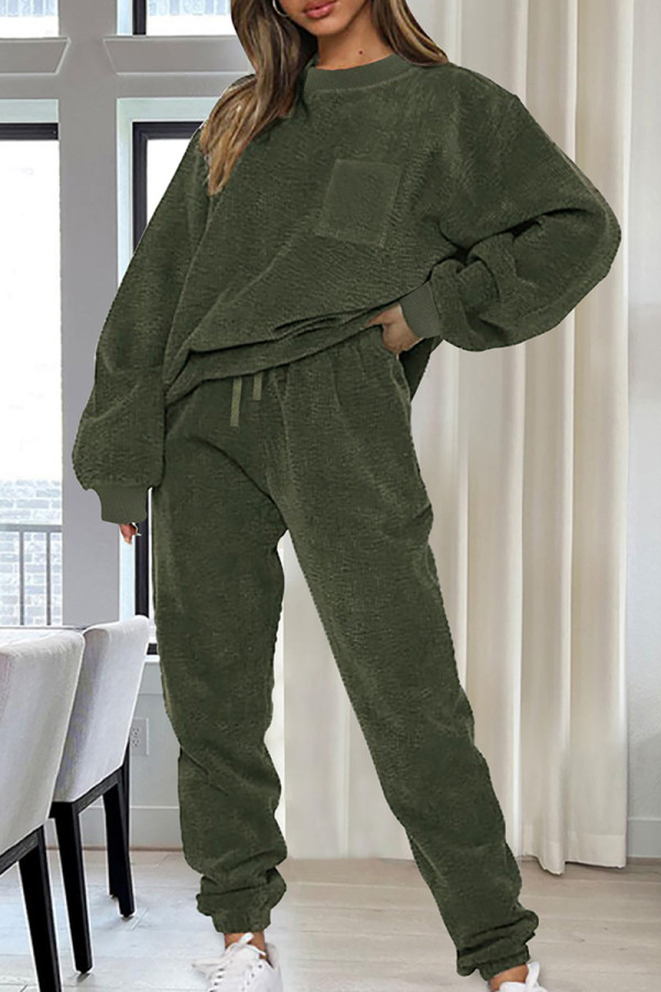 Ink Green Casual Solid Color Draw String Pocket Patchwork O Neck Long Sleeve Two Pieces