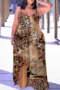 Coffee Casual Leopard Print Backless Spaghetti Strap Plus Size Jumpsuits