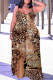 Coffee Casual Leopard Print Backless Spaghetti Strap Plus Size Jumpsuits