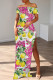 Rose Red Casual Print Slit Off Shoulder Long Dresses