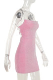 Pink Sexy Solid Color Patchwork Backless Cross Straps Spaghetti Strap Sling Dresses
