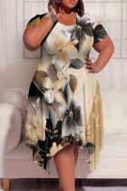 Light Orange Casual Print Patchwork O Neck Irregular Plus Size Dresses