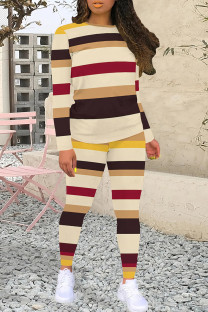 Khaki Casual Stripe Patchwork O Neck Long Sleeve Two Pieces