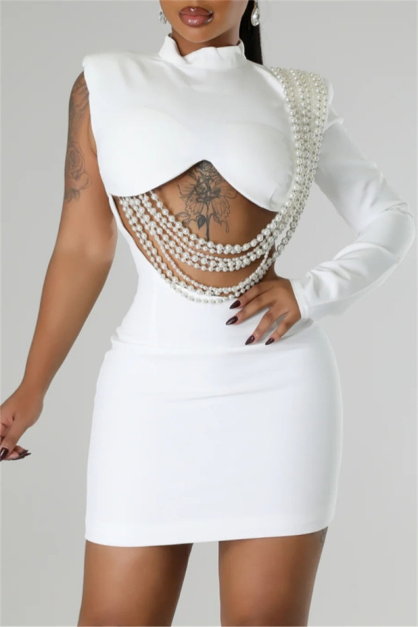 White Casual Solid Color Hollow Out Pearls Decor Half A Turtleneck Wrapped Skirt Dresses