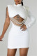 White Casual Solid Color Hollow Out Pearls Decor Half A Turtleneck Wrapped Skirt Dresses