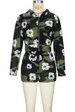 Army Green Casual Print Draw String Patchwork Zipper Zipper Collar Long Sleeve Two Pieces