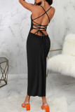 Red Elegant Solid Color Patchwork Backless Cross Straps Spaghetti Strap Sling Dresses