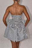 Silver Sexy Solid Color Patchwork Bow Decor Strapless Evening Dresses