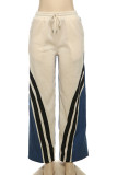 Apricot Casual Stripe Draw String Patchwork Contrast Loose Mid Waist Wide Leg Patchwork Bottoms