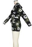 Army Green Casual Print Draw String Patchwork Zipper Zipper Collar Long Sleeve Two Pieces
