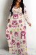 Pink Casual Daily Cartoon Print Pocket Contrast V Neck Printed Dresses