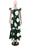 Green Casual Print Slit O Neck Long Dresses