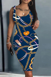 Tibetan Blue Casual Print Basic U Neck Vest Dresses
