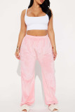 Pink Casual Patchwork Loose Mid Waist Wide Leg Patchwork Bottoms