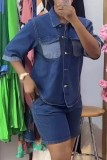 Blue Casual Patchwork Pocket Turndown Collar Short Sleeve Two Pieces